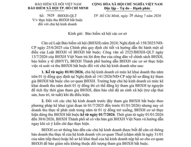 Công văn 5628/BHXH-QLT dừng thu BHXH bắt buộc đối với chủ hộ kinh doanh dưới 1 tỷ từ ngày 01/07/2026